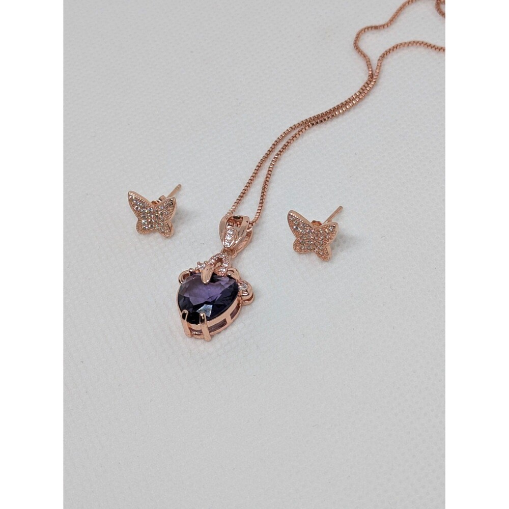 Rose Gold Tone Cz Jewelry Set. 17in. Purple Heart Necklace & 925 Butterfly Studs